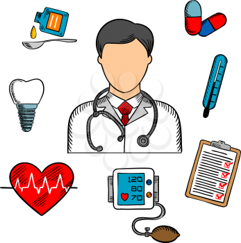 Medical icons with a doctor surrounded by a thermometer, tooth, pills, medication, chart, heartbeat and ECG. Colorful sketched vector icons