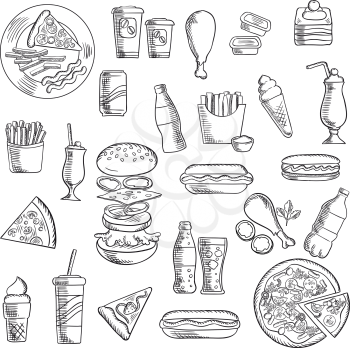 Fast food and takeaway icons of pizza, burger, hot dogs, french fries with sausage and sauce cups, fried chicken legs, cups of coffee, soda, ice cream cones, cakes and milk cocktails. Sketch vector