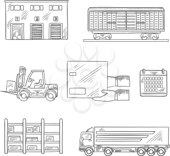 Delivery and storage service icons in sketch style with warehouse building, freight wagon, cargo truck, forklift truck, storage rack, calendar and hands with cardboard box. Vector sketch