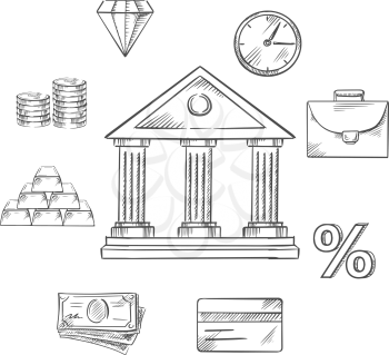 Banking infographic elements with central bank building encircled with icons of money, gold bullion, briefcase, clock, diamond, commodities, investment, credit card and rate percentage. Vector sketch