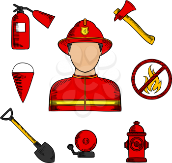 Firefighter or fireman profession with man in red protective helmet and suit, flanked by fire axe, conical bucket and shovel, extinguisher and fire alarm, hydrant and prohibition sign. Vector sketch