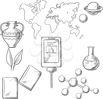 Education and science sketch icons with books and plant, tablet and amphora, flask or tube, earth map and molecule structure