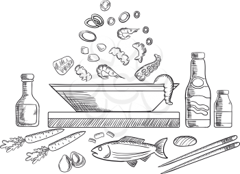 Seafood dish sketch with pieces of tuna, shrimps, mussels, olives and vegetables, sauce bottles, chopsticks, whole fish and bowl. Vector sketch