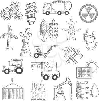 Industrial sketches of  oil pump and barrel, refinery, tractor and corn cob, wheat, radiation, solar panel, gears, fuel and forklift trucks, lamp and shovel, wind turbine and electricity elements