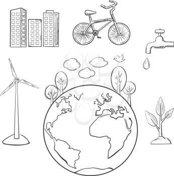 Eco friendly city, green energy and natural resources protection sketched icons. Environment and ecology symbols, vector sketch