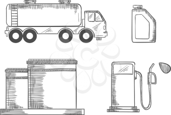 Oil industry sketched icons of r storage, transportation and sale of gasoline, tanks, pump and canister. Vector sketch illustration