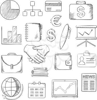 Business, finance and office sketched icons with financial reports, money, handshake and chart, briefcases and laptop, news and globe, calendar, pen and organizer. Vector sketch illustration