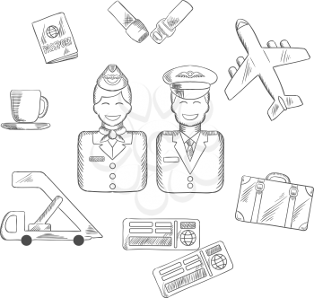 Air traveling and aviation sketch icons with smiling stewardess and pilot in uniform, surrounded by passport and suitcase, plane and seat belt, tickets and cup of coffee symbol. Vector sketch