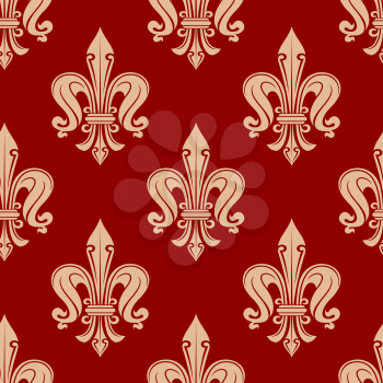 Beige fleur-de-lis floral elements on maroon background seamless pattern. For textile or interior design