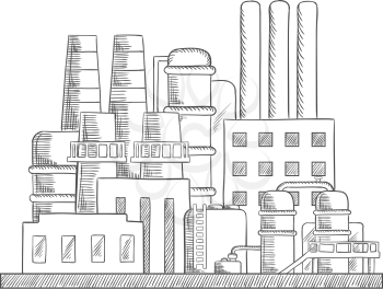 Industrial refinery factory sketch with set of buildings, tanks, pipe work and chimneys. Vector sketch illustration
