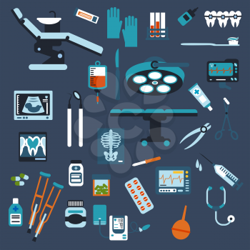 Dentistry, surgery, medical checkup medication icons with pills, syringe, dentist chair and surgical table instruments, x-ray, blood tubes and bag ecg blood pressure cuff,  stethoscope, crutches