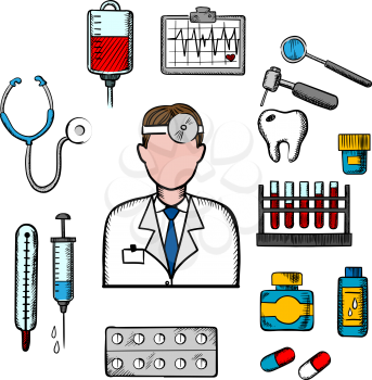 Doctor therapist in flat style with medical icons as tubes, flasks, drugs and pills, syringe, dentistry, blood transfusion, ultrasound stethoscope
