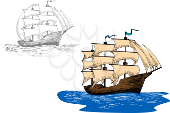 Full rigged old sailing ship at sea waves. Sketch for marine journey, regatta or travel design usage