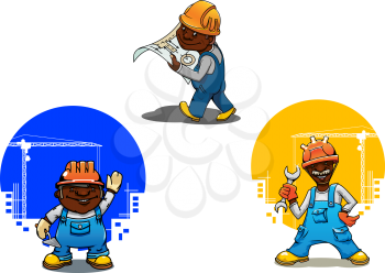 Cheerful smiling builder, bricklayer and engineer cartoon characters in orange hard hats with spanner, mason trowel and blueprint in hands. Construction industry design usage