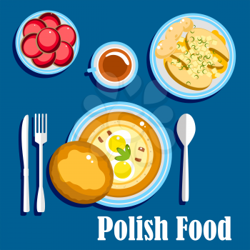 Traditional polish cuisine food with hard boiled eggs and bread bun, baked fish steaks, served with boiled new potatoes and cup of coffee with donuts. Flat style 