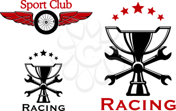 Winged wheel of race car and trophy cup with crossed spanners and stars on the background. Racing sports and or motorsport icons or symbols