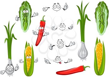 Cartoon sweet corn cob, spicy green onion with long leaves, hot red chilli pepper and crunchy chinese cabbage vegetable characters. Happy vegetables for agriculture harvest or salad ingredients design