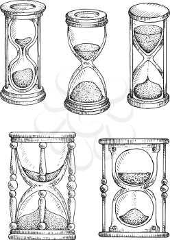 Hourglasses and sand glasses isolated sketch icons with decorative stands and different balance of sand in glass bulbs. Time concept design usage