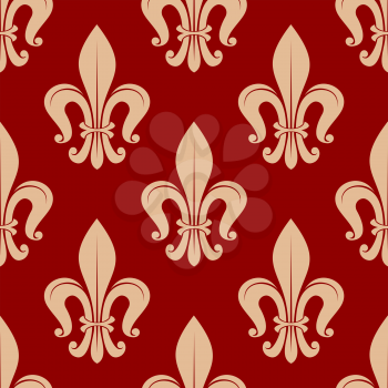 Elegant pale brown fleur-de-lis seamless pattern on red background. Royal french seamless floral ornament for fabric, scrapbook page backdrop or interior design