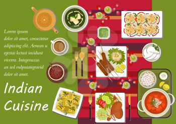 Indian cuisine dishes with festive table, setting with candles, rose petals and curry with rice, kebab and tandoori chicken legs, vegetables and lemons, spinach soup with cheese, dessert and tea