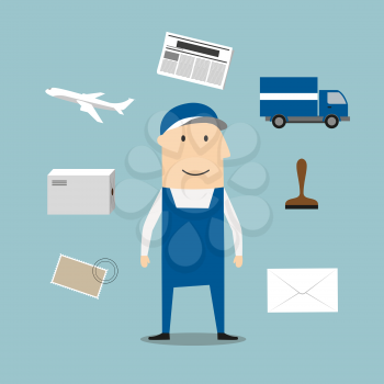 Postman profession and delivery icons around a postman with postage stamp, letterbox, package, van, airplane and letters