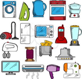 Appliances icons set with microwave and vacuum, iron and refrigerator, toaster and tv set, washing and sewing machines, blender and mixer, fan and stove, kettle and air conditioner, telephone and stea