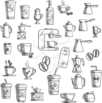 Coffee icons with takeaway cups, beans and coffee pots, coffee grinder, cappuccino and espresso, percolator and coffee machine