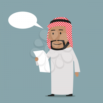 Pensive smiling cartoon arab businessman reading a contract with thought bubble above head. Paperwork, financial report or business contract concept
