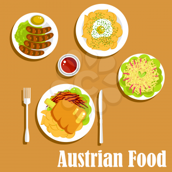 Nutritious austrian dishes of ham hock served with fried potatoes and fresh carrot, grilled vienna sausages with mustard and ketchup sauces, fried potato with egg and spaetzle noodles