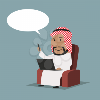 Cartoon confident arab businessman connected smartphone to laptop computer using wireless technology with thought bubble above head. Business concept of wireless technology, internet or data sharing 