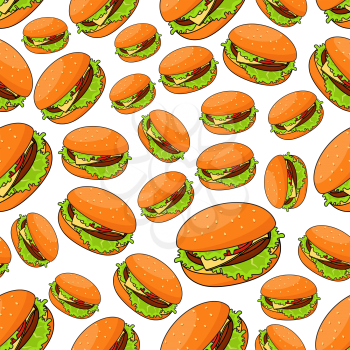 Fast food seamless pattern for takeaway restaurant menu, fast food cafe or street food design with fresh cheeseburgers and burger patty, tomatoes and cheese, lettuce on bun with sesame seeds
