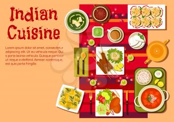 Indian national cuisine dishes on festive table with candles, rose petals and curry with rice, kebab and tandoori chicken legs, vegetables and lemons, spinach soup with cheese, dessert and tea