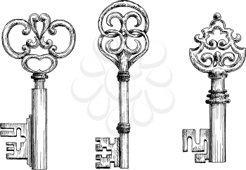 Isolated vintage medieval key skeletons in sketch style. For history, security concept or decoration design