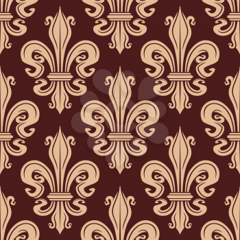 Fleur-de-lis seamless floral pattern with beige lily flowers on brown background