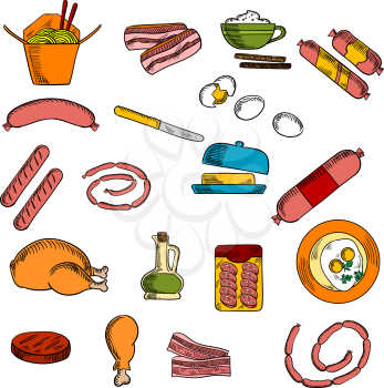 Breakfast food, drink and meat elements in sketch style with eggs and butter, bacon and various sausages, coffee cup and chicken, olive oil and salami