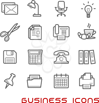 Business and office thin line icons with light bulb and phone, calendar and calculator, mail and folders, documents and chair, shredder and  scissors, lamp and pin, clip and printer, letter and coffee
