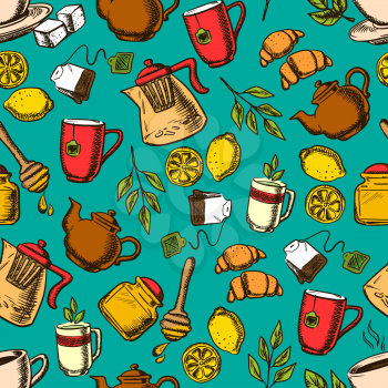 Herbal tea seamless pattern. Cup of hot tea on saucer with mint leaves, sugars, lemon and croissant surrounded teapots and cups, honey jar with dipper, tea bag, tea branch and ginger