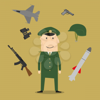 Army icons with soldier in army combat uniform, helmet and body armor, surrounded by hand grenade and peaked cap, binoculars and air bomb, aircraft and gun