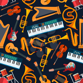 Musical instruments seamless pattern with drum set, acoustic and electric guitars, violin and synthesizer, saxophone and trumpet, harp, ancient lyre and horn. Art and musical entertainment themes