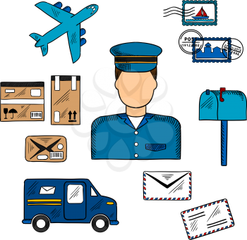 Postal icons around a Postman with postage stamps and letterbox, packages and van, airplane and letters. Postman profession theme