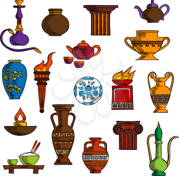 Various vases, jugs, containers and kitchenware with ancient torch and stone fire bowls, amphoras, copper and ceramic teapots, oil lamp and hookah pipe, tea services, vases, jug and plates