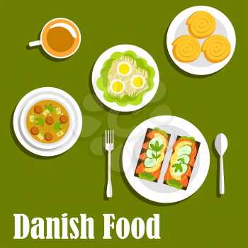 Danish cuisine with sandwiches on rye bread with salted salmon, lemon and cucumber, chicken soup with melboller dumplings and meatballs, egg salad, cup of coffee with cinnamon rolls. Flat style