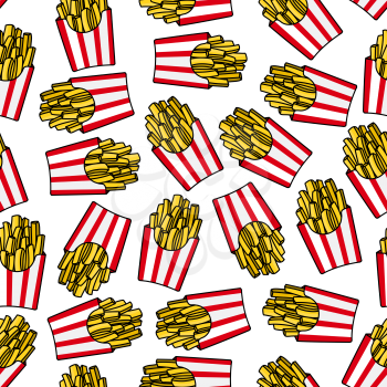 Crispy french fries seamless pattern with red and white striped paper boxes of fried potato. For fast food background or takeaway restaurant menu design usage
