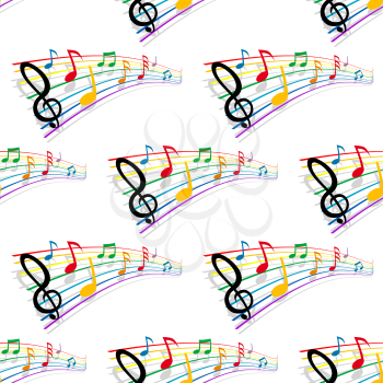 Musical notes seamless background with colorful pattern of musical staves, notes and treble clefs. May be used as festive decoration or music backdrop design