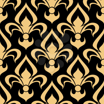 Vintage golden fleur-de-lis pattern for heraldic backdrop or interior design with seamless ornament of french royal iris flowers on black background