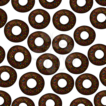 Sweet chocolate donuts pattern for fast food pastry or bakery shop design with seamless ornament of donuts, topped with colorful sprinkles and sugar powder 