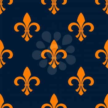 Orange fleur-de-lis floral seamless pattern of pointed buds with curved leaves on both sides, arranged into iris flowers ornament over blue background. Vintage interior or heraldic theme design