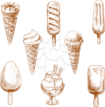Desserts sketches with ice cream cones, chocolate bars and fruity popsicles on sticks and ice cream sundae with glazing and wafer tubes. Sweet sketches for dessert menu and snack theme design