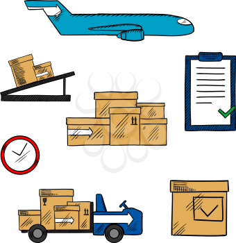 Air freight, transportation and shipping icons with cargo airplane and cardboard packages, airport truck and pallet conveyor, clock and clipboard with checklist
