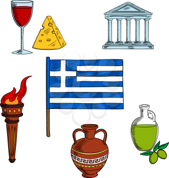 Traditional symbols of Greece with national flag, encircled by ancient flaming torch, ceramic amphora and Parthenon temple, olive oil, wine and cheese. For travel and tourism design